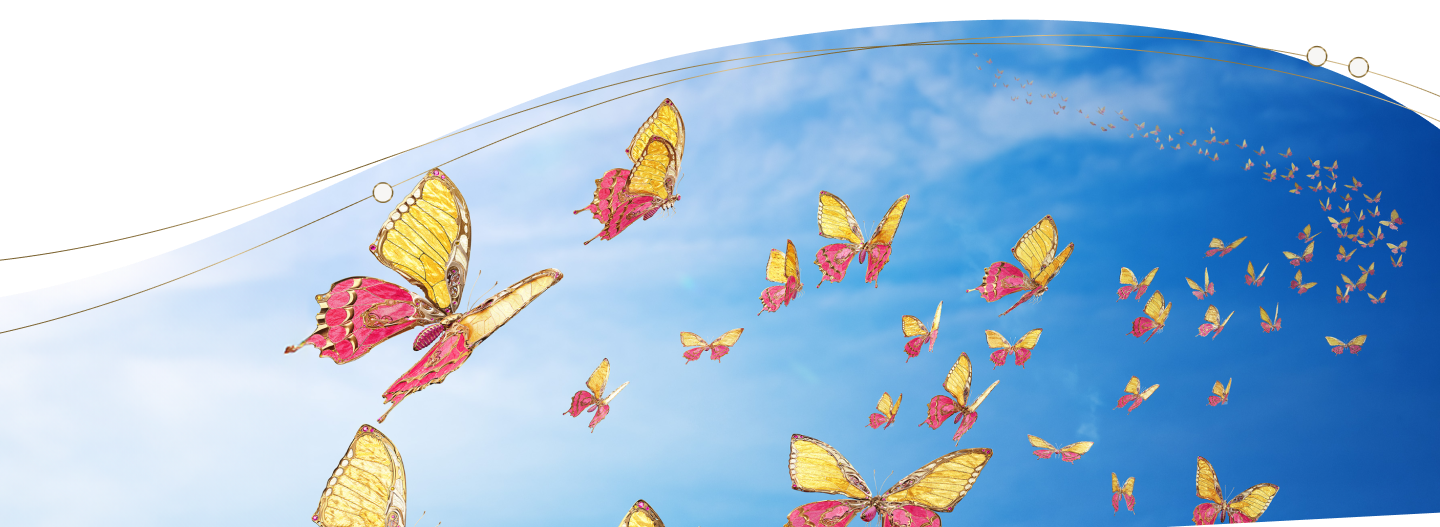 Image of a swarm of engineered mechanical yellow and magenta butterflies against a blue sky