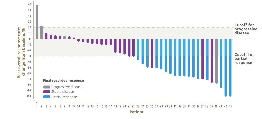 Waterfall chart describing best overall response rate by percent change in baseline. Measures progressive disease, stable disease, and partial response