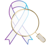 Illustrated icon of a magnifying glass looking at a cancer ribbon