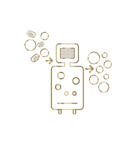 Illustrated icon of an apheresis machine surrounded by illustrated blood cells