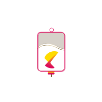 Illustrated icon of an IV bag with TECELRA symbol in yellow and magenta