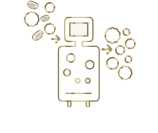 Illustrated icon of an apheresis machine surrounded by illustrated blood cells