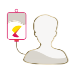 Illustrated icon of a human silhouette attached to an IV bag with TECELRA symbol in yellow and magenta